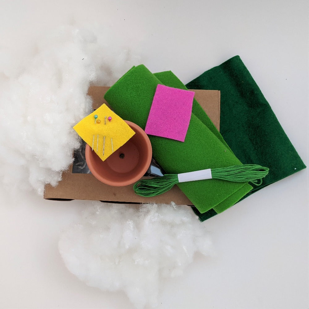 Pin cushion craft kit, includes felt, embroidery thread, pins, needles, stuffing and terracotta pot
