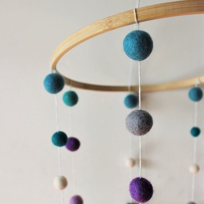 Felt ball baby mobile, hand made, blues, greys and purple felt balls