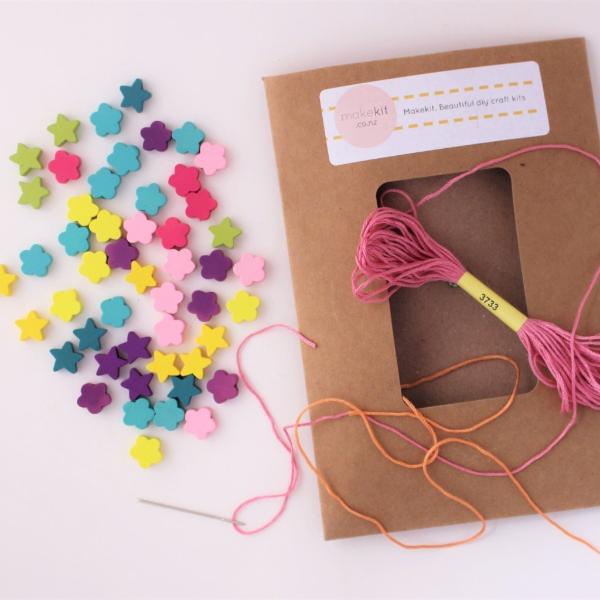 DIY necklace making kits for kids, wooden beads, needle, and embroidery thread