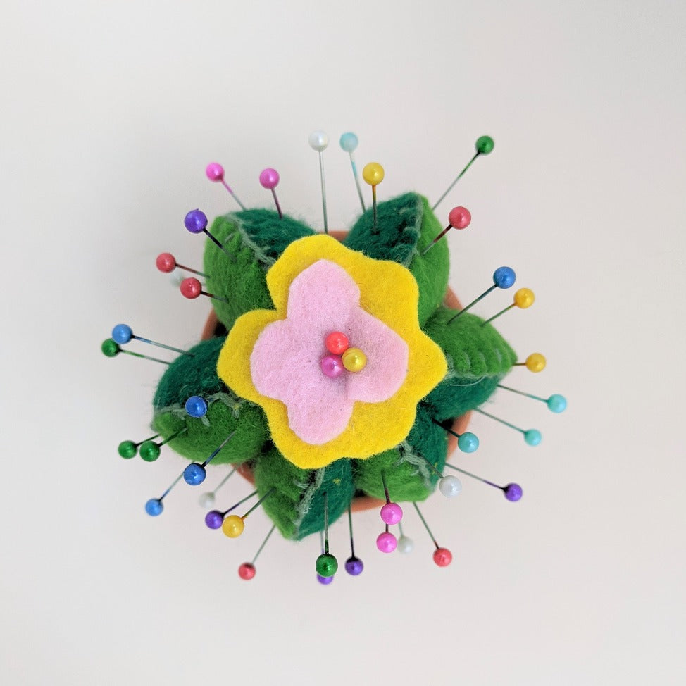 Cute cactus pin cushions with colorful pins sticking out of it